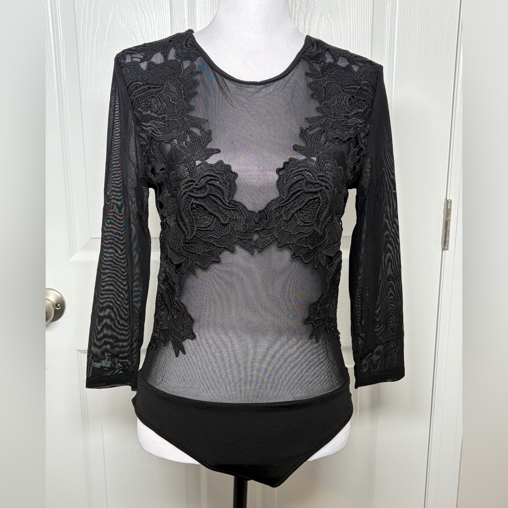 Forever 21 Whimsical Black Sheer Sexy Floral Embroidered Bodysuit Size L